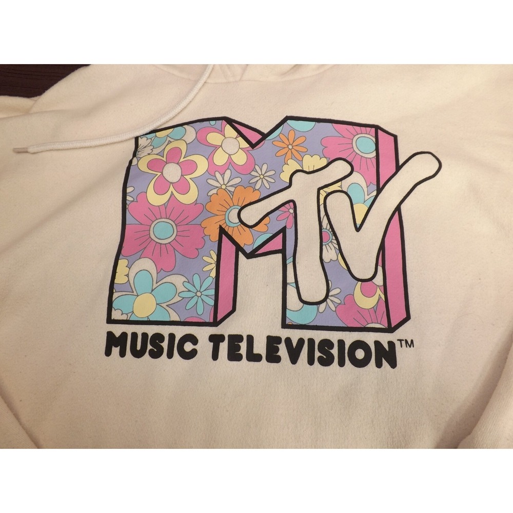 MTV Women's Pullover Cream Hoodie floral Hood - Size Medium Long sleeves - Picture 9 of 13